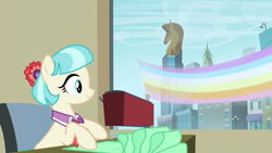 Size: 1920x1080 | Tagged: safe, imported from derpibooru, screencap, coco pommel, earth pony, pony, twilight's kingdom, crystaller building, female, let the rainbow remind you, mare, rainbow, sewing, sewing machine, solo