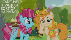 Size: 1280x720 | Tagged: safe, edit, edited screencap, editor:quoterific, imported from derpibooru, screencap, cup cake, pear butter, earth pony, pony, season 7, the perfect pear, cake, chiffon swirl, duo, duo female, female, food, mare, pear tree, tree, wavy mouth, younger