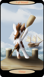 Size: 1500x2591 | Tagged: safe, artist:sixes&sevens, imported from derpibooru, pipsqueak, earth pony, pony, bipedal, bipedal leaning, facing away, leaning, male, minor arcana, oar, ocean, older, older pipsqueak, pier, ship, solo, tarot card, three of wands