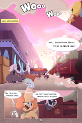 Size: 2100x3150 | Tagged: safe, artist:chaosllama, imported from derpibooru, oc, oc:chamberlain abigail, dog, earth pony, pony, unicorn, comic:fall of friendship, arm band, canterlot, comic, flag, high res, magic, storm guard, train, train station, whip