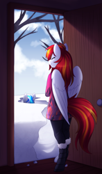 Size: 1665x2841 | Tagged: safe, artist:scarlet-spectrum, imported from derpibooru, oc, oc only, oc:diamond sun, oc:hawker hurricane, anthro, pegasus, pony, unguligrade anthro, series:pet hawk, anthro with ponies, commission, female, hawkmond, male, mare, snow, stallion