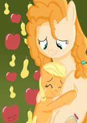 Size: 2480x3508 | Tagged: safe, artist:mrkat7214, imported from derpibooru, applejack, pear butter, earth pony, pony, apple, blank flank, duo, female, filly, filly applejack, food, high res, hug, mare, mother and child, mother and daughter, mother's day, obligatory apple, pear, smiling, younger