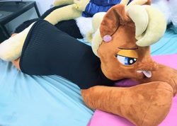 Size: 4640x3301 | Tagged: safe, artist:drzedworth, artist:redness, imported from derpibooru, ms. harshwhinny, earth pony, bed, clothes, ear piercing, earring, irl, jewelry, life size, photo, piercing, plushie, sweater, tongue out, turtleneck, turtleneck sweater