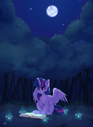 Size: 1740x2379 | Tagged: safe, artist:shini951, artist:shinizavr, imported from derpibooru, twilight sparkle, alicorn, pony, book, dark, ear fluff, forest, full moon, moon, neck fluff, night, reading, sitting, sky, solo, stars, twilight sparkle (alicorn)