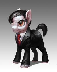 Size: 1008x1264 | Tagged: safe, artist:darthagnan, imported from derpibooru, oc, oc only, earth pony, pony, clothes, gradient background, male, solo, stallion, suit, tie clip