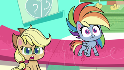 Size: 1920x1080 | Tagged: safe, imported from derpibooru, screencap, applejack, rainbow dash, earth pony, pegasus, pony, my little pony: pony life, the best of the worst, spoiler:pony life s01e02, applejack's hat, breaking the fourth wall, confused, cowboy hat, duo, duo female, female, g4.5, hat, looking at you, mare, open mouth, pony life, shocked, sitting, sugarcube corner