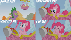 Size: 1280x720 | Tagged: safe, edit, edited screencap, editor:quoterific, imported from derpibooru, screencap, pinkie pie, spike, dragon, earth pony, pony, fall weather friends, season 1, ^^, cute, diapinkes, duo, eyes closed, female, hot air balloon, male, mare, open mouth, stallion, twinkling balloon