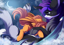 Size: 3833x2695 | Tagged: source needed, safe, artist:conrie, imported from derpibooru, oc, oc only, oc:shoop, oc:starline moongazer, draconequus, pegasus, pony, artist error, claws, cloud, cuddle on the tummy, cute, draconequus oc, duo, eyebrows, eyebrows visible through hair, eyes closed, featured image, floppy ears, head pat, high res, lying down, moon, night, on a cloud, on back, pat, paws, pegasus oc, size difference, smiling, spread wings, sweet dreams fuel, wings