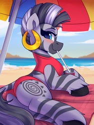 Size: 1500x2000 | Tagged: safe, artist:shadowreindeer, imported from derpibooru, zecora, pony, zebra, beach, beach towel, beach umbrella, bikini, blushing, butt, clothes, commission, cute, dock, drinking, drinking straw, ear piercing, female, looking at you, midriff, outdoors, piercing, plot, red underwear, soda can, solo, solo female, swimsuit, towel, underwear, ych example, your character here, zecorable, zecorass