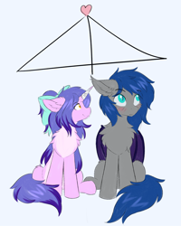 Size: 960x1200 | Tagged: safe, artist:lunar froxy, imported from derpibooru, oc, oc only, oc:avici flower, oc:lunar frost, bat pony, pony, unicorn, bandaged horn, bat pony oc, bat wings, blushing, chest fluff, ear fluff, heart, horn, looking away, pale belly, unicorn oc, wings