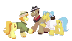 Size: 1280x732 | Tagged: safe, artist:itstechtock, imported from derpibooru, biff, doctor fauna, teddie safari, earth pony, pony, clothes, daring do costume, hat, henchmen, lab coat, simple background, transparent background, unshorn fetlocks