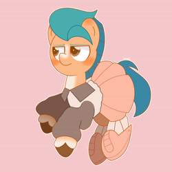 Size: 3464x3464 | Tagged: safe, artist:tokkii, artist:twxly, imported from derpibooru, hitch trailblazer, earth pony, pony, blaze (coat marking), blushing, clothes, coat markings, crossdressing, cute, ear blush, facial markings, femboy, floating, g5, high res, hitchbetes, male, pale belly, pink background, shoes, simple background, skirt, solo