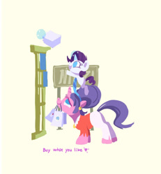 Size: 1243x1348 | Tagged: safe, artist:drtuo4, imported from derpibooru, cookie crumbles, rarity, pony, unicorn, abstract background, blank flank, clothes, cookiebetes, cute, eyes closed, female, filly, glowing horn, horn, mother and child, mother and daughter, mother's day, mouth hold, open mouth, paper bag, raribetes, simple background, yellow background