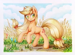 Size: 900x666 | Tagged: safe, artist:asimos, imported from derpibooru, applejack, earth pony, pony, female, hatless, mare, marker drawing, markers, missing accessory, scenery, smiling, solo, traditional art