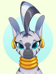 Size: 1600x2100 | Tagged: safe, artist:aquaticvibes, imported from derpibooru, zecora, pony, zebra, abstract background, bust, ear piercing, earring, female, jewelry, looking at you, mare, neck rings, piercing, portrait, quadrupedal, smiling, solo