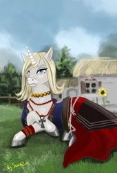 Size: 734x1080 | Tagged: safe, artist:terr@koterr@, imported from derpibooru, unicorn, art pack:the lodge of sorceresses, amulet, beads, clothes, dress, flower, jewelry, keira metz, looking at you, scenery, sunflower, the witcher, the witcher 3, village
