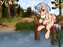 Size: 1440x1078 | Tagged: safe, artist:kotya, artist:toanderic, imported from derpibooru, pony, advertisement, animated, collaboration, commission, fishing, fishing rod, forest, forest background, pier, pond, solo, webm, ych advertisement, ych example, your character here