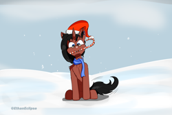 Size: 3000x2000 | Tagged: safe, artist:ethan eclipse, imported from derpibooru, oc, oc:benjamin terrance tover, pony, candy, candy cane, christmas, ear piercing, earring, food, glasses, hat, high res, holiday, jewelry, mouth hold, piercing, santa hat, sitting, snow, tail wag