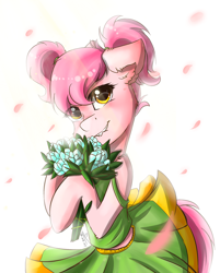 Size: 1468x1824 | Tagged: safe, alternate version, artist:yuris, imported from derpibooru, oc, oc only, pony, alternate character, clothes, commission, falling, female, petals, pink mane, ponytails, skirt, smiling, solo, ych result, yellow eyes