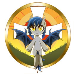 Size: 2000x2000 | Tagged: safe, artist:ce2438, imported from derpibooru, oc, oc only, oc:moorish delight, oc:yinglongfujun, bat pony, deity, pony, aragon, blue mane, cross, domain:balance, female, gold, golden eyes, gray coat, high res, mare, original cross, solo, spain, spread wings, wings