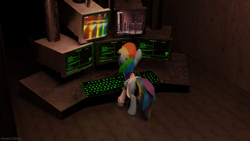 Size: 1920x1080 | Tagged: safe, artist:dreamcritting, imported from derpibooru, rainbow dash, pegasus, fanfic:rainbow factory, 3d, blender, computers, fanfic art, pegasus device