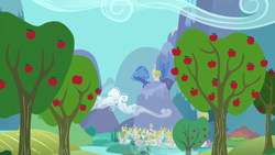 Size: 1280x720 | Tagged: safe, imported from derpibooru, screencap, season 1, the ticket master, apple, apple tree, background, food, mountain, no pony, ponyville, scenic ponyville, sweet apple acres, tree