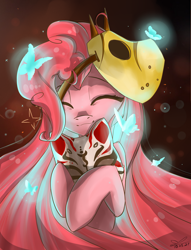 Size: 2280x2992 | Tagged: safe, artist:yuris, imported from derpibooru, applejack, fluttershy, pinkie pie, rainbow dash, rarity, twilight sparkle, earth pony, insect, moth, pony, abstract background, butt, cute, cuteamena, eyes closed, female, high res, japan, japanese, kabuki, long hair, mane six, masks, moths, pinkamena diane pie, plot, solo