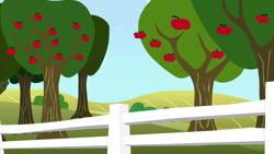 Size: 1280x720 | Tagged: safe, imported from derpibooru, screencap, season 1, the ticket master, apple, apple tree, background, fence, food, no pony, scenic ponyville, sweet apple acres, tree