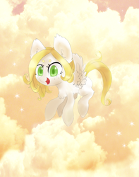 Size: 1983x2519 | Tagged: safe, artist:kirenfox, imported from derpibooru, oc, oc only, oc:pearl, pegasus, pony, big ears, cloud, cloudy, flying, open mouth, pegasus oc, solo, wings