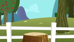 Size: 1280x720 | Tagged: safe, imported from derpibooru, screencap, season 1, the ticket master, apple, apple tree, background, fence, food, mountain, no pony, scenic ponyville, sweet apple acres, tree, tree stump