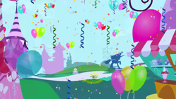 Size: 1280x720 | Tagged: safe, imported from derpibooru, screencap, season 1, the ticket master, background, balloon, canterlot, confetti, imagine spot, no pony, party balloon, scenic ponyville, statue