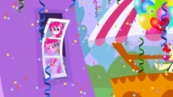 Size: 1280x720 | Tagged: safe, imported from derpibooru, screencap, pinkie pie, season 1, the ticket master, background, balloon, big grin, canterlot, confetti, grin, imagine spot, no pony, party balloon, photo, photo booth, scenic ponyville, smiling