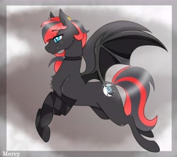 Size: 9000x8000 | Tagged: source needed, safe, artist:mercy, imported from derpibooru, oc, oc only, oc:sharpe, bat pony, pony, bat pony oc, bat wings, chest fluff, choker, clothes, cutie mark, fangs, female, flying, gift art, heart choker, mare, piercing, socks, solo, solo female, striped socks, wings