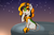 Size: 2000x1333 | Tagged: safe, artist:plaguemare, imported from derpibooru, oc, oc only, oc:chroma key, kirin, blushing, female, fluffy, hoof on cheek, horn, kirin oc, kirin-ified, mare, orange eyes, orange mane, rock, scales, sitting, smiling, solo, species swap, stars, sunrise, tail, tongue out