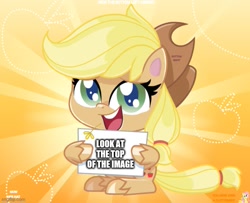 Size: 615x500 | Tagged: safe, edit, edited screencap, editor:professorventurer, imported from derpibooru, screencap, applejack, fluttershy, earth pony, pony, my little pony: pony life, applejack's hat, cowboy hat, female, g4.5, hat, imgflip, looking at you, meme, open mouth, pony life, pony life applejack's sign, sign, solo, the game