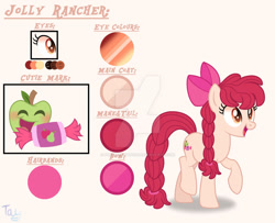 Size: 1280x1040 | Tagged: safe, artist:purplepotato04, imported from derpibooru, oc, oc only, oc:jolly rancher, earth pony, pony, deviantart watermark, female, magical lesbian spawn, mare, obtrusive watermark, offspring, parent:apple bloom, parent:twist, parents:twistbloom, reference sheet, solo, watermark