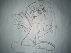 Size: 4032x3024 | Tagged: safe, artist:straighttothepointstudio, imported from derpibooru, pipp petals, pegasus, pony, adorapipp, black and white, cellphone, cute, female, g5, grayscale, happy, looking up, mare, monochrome, phone, sitting, smartphone, solo
