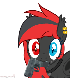 Size: 650x725 | Tagged: safe, artist:housston, imported from derpibooru, oc, oc only, oc:sharpe, bat pony, pony, bat pony oc, bat wings, commission, ear fluff, ear piercing, fangs, female, freckles, gun, handgun, heterochromia, looking at you, mare, mouth hold, piercing, pistol, solo, weapon, wings, ych result