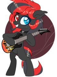Size: 2224x2990 | Tagged: safe, artist:seichi, imported from derpibooru, oc, oc only, oc:sharpe, bat pony, pony, bat pony oc, bat wings, bipedal, choker, commission, ear fluff, electric guitar, female, freckles, guitar, heart choker, heterochromia, high res, mare, musical instrument, solo, solo female, wings, ych result