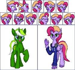 Size: 304x282 | Tagged: safe, artist:zeka10000, imported from derpibooru, oc, oc:circuit mane, oc:luminous wave, classical hippogriff, hippogriff, pony, unicorn, clothes, commission, confused, derp, emoji, emotions, eyes closed, female, grin, happy, headphones, hoodie, laughing, looking at you, male, pixel art, raised hoof, sad, scared, shocked, simple background, smiling, smirk, stallion, suspicious, tongue out, transparent background