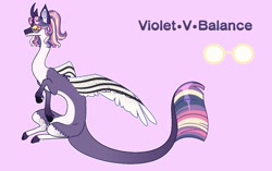 Size: 1466x920 | Tagged: safe, artist:fourteennails, imported from derpibooru, oc, oc only, oc:violet·v·balance, draconequus, hybrid, draconequus oc, fangs, female, glasses, interspecies offspring, offspring, parent:discord, parent:twilight sparkle, parents:discolight, purple background, simple background, yellow sclera