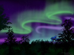 Size: 3500x2600 | Tagged: safe, artist:magnusmagnum, imported from derpibooru, princess luna, alicorn, pony, aurora borealis, female, flying, forest, high res, mare, night, scenery, scenery porn, smiling, solo, stars, tree