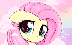 Size: 2480x1548 | Tagged: safe, artist:moozua, edit, imported from derpibooru, fluttershy, pegasus, pony, bust, cloud, cropped, cute, female, floppy ears, heart eyes, looking at you, mare, portrait, shyabetes, smiling, solo, sparkly eyes, starry eyes, three quarter view, weapons-grade cute, wingding eyes
