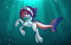 Size: 1280x813 | Tagged: safe, artist:mysteriousshine, artist:say-burn-in-heaven, imported from derpibooru, oc, oc only, pony, bubble, crepuscular rays, fins, fish tail, flowing mane, looking at you, ocean, purple eyes, solo, sunlight, swimming, tail, underwater, water