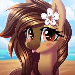 Size: 2250x2250 | Tagged: artist needed, safe, imported from derpibooru, oc, oc only, oc:cocoa, earth pony, pony, beach, blaze (coat marking), blushing, bust, coat markings, cute, dark mask (facial marking), earth pony oc, facial markings, female, flower, flower in hair, freckles, high res, looking at you, mare, portrait, smiling, smiling at you, snip (coat marking), solo, solo female, tongue out