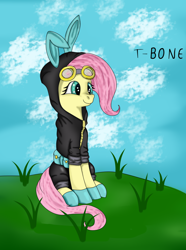 Size: 1280x1721 | Tagged: safe, artist:t-bon3thepony, imported from derpibooru, fluttershy, pony, bunny ears, clothes, cloud, costume, dangerous mission outfit, female, goggles, grass, hoodie, mare, outdoors, sitting, sky, smiling, solo, three quarter view