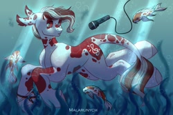 Size: 1500x1000 | Tagged: safe, artist:malarunych, imported from derpibooru, oc, oc only, fish, pony, bubble, clothes, microphone, ocean, solo, swimming, tail, underwater, water