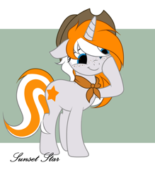 Size: 1050x1199 | Tagged: safe, artist:adele4, imported from derpibooru, oc, oc only, oc:sunset star, pony, unicorn, commission, cowboy hat, female, freckles, hat, horn, mare, neckerchief, solo, unicorn oc, ych result