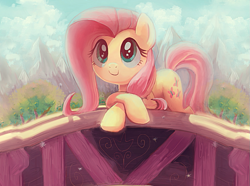 Size: 955x711 | Tagged: safe, artist:sophiesplushies, edit, imported from derpibooru, fluttershy, earth pony, pony, bridge, cropped, cute, daaaaaaaaaaaw, earth pony fluttershy, female, mare, race swap, shyabetes, smiling, solo, starry eyes, wingding eyes, wingless, wingless fluttershy