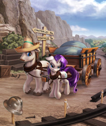 Size: 1692x2006 | Tagged: safe, artist:harwick, imported from derpibooru, hondo flanks, rarity, pony, unicorn, berry, bush, cart, cliff, commission, cover art, crate, fanfic, fanfic art, fanfic cover, father and child, father and daughter, female, floppy ears, hard hat, harness, helmet, horse collar, horses doing horse things, male, mountain, pony pulls the wagon, ponyville, railroad, scenery, science in the comments, sign, tack, train tracks, unshorn fetlocks, wagon, yoke